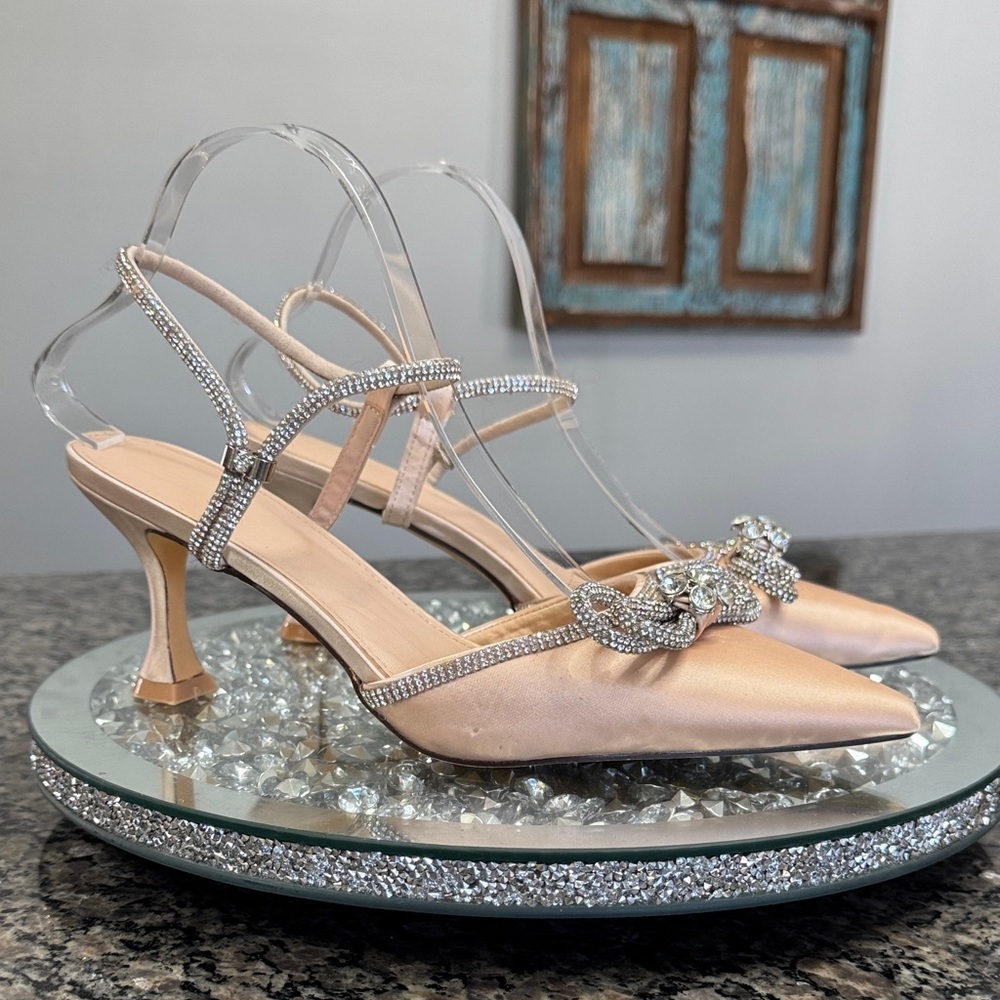 Gold Satin Heels with Rhinestone Embellishments EUC 11
